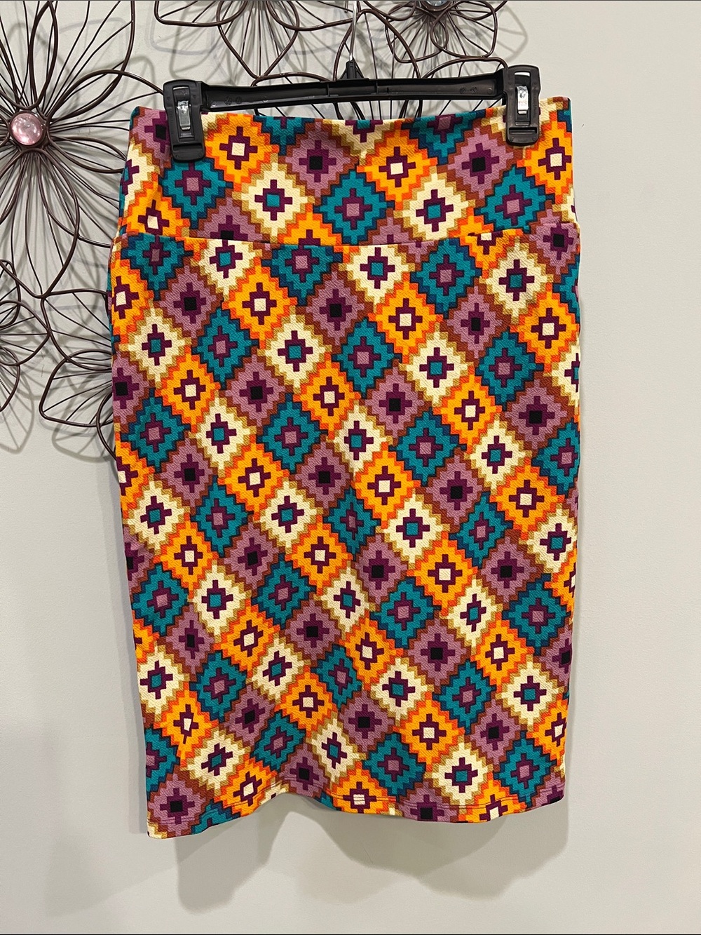 LuLaRoe Teal, Purple, Yellow & Cream Diamond-Print Pencil Skirt
